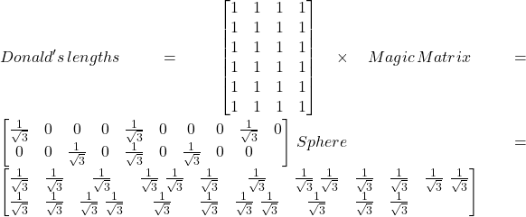 Donald's \, lengths= \begin{bmatrix}1 & 1 & 1 & 1 \\1 & 1 & 1 & 1 \\1 & 1 & 1 & 1 \\1 & 1 & 1 & 1 \\1 & 1 & 1 & 1 \\1 & 1 & 1 & 1\end{bmatrix} \times Magic \, Matrix =\begin{bmatrix}\frac{1}{\sqrt{3}} & 0 & 0 & 0 \0 & \frac{1}{\sqrt{3}} & 0 & 0 \0 & 0 & \frac{1}{\sqrt{3}} & 0 \0 & 0 & 0 & \frac{1}{\sqrt{3}} \0 & 0 & \frac{1}{\sqrt{3}} & 0 \0 & \frac{1}{\sqrt{3}} & 0 & 0\end{bmatrix} \, \equals Sphere = \begin{bmatrix} \frac{1}{\sqrt{3}} & \frac{1}{\sqrt{3}} & \frac{1}{\sqrt{3}} & \frac{1}{\sqrt{3}} \ \frac{1}{\sqrt{3}} & \frac{1}{\sqrt{3}} & \frac{1}{\sqrt{3}} & \frac{1}{\sqrt{3}} \ \frac{1}{\sqrt{3}} & \frac{1}{\sqrt{3}} & \frac{1}{\sqrt{3}} & \frac{1}{\sqrt{3}} \ \frac{1}{\sqrt{3}} & \frac{1}{\sqrt{3}} & \frac{1}{\sqrt{3}} & \frac{1}{\sqrt{3}} \ \frac{1}{\sqrt{3}} & \frac{1}{\sqrt{3}} & \frac{1}{\sqrt{3}} & \frac{1}{\sqrt{3}} \ \frac{1}{\sqrt{3}} & \frac{1}{\sqrt{3}} & \frac{1}{\sqrt{3}} & \frac{1}{\sqrt{3}}\end{bmatrix}